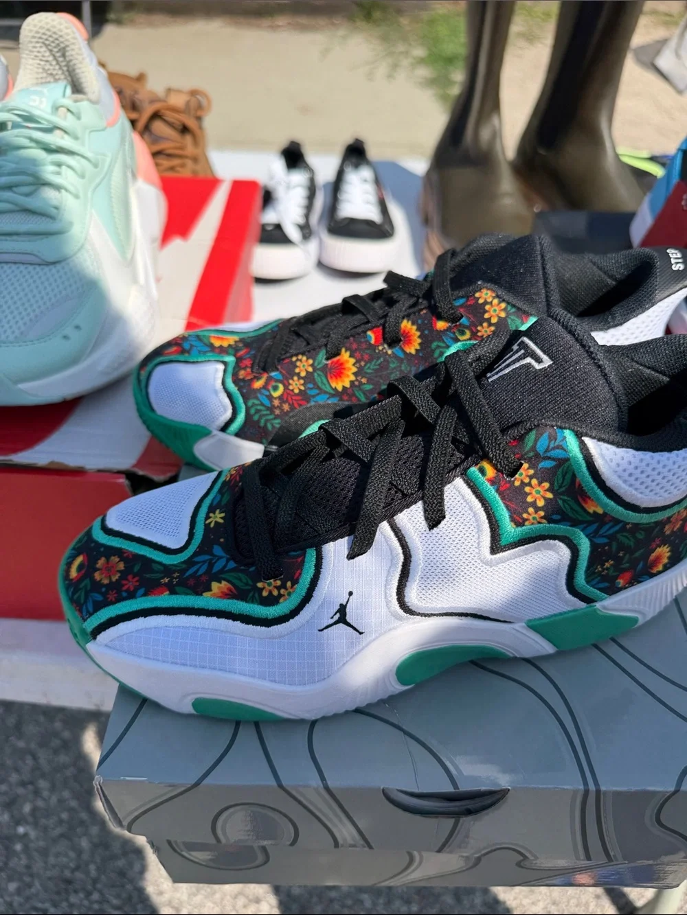 Jordan Floral Basketball Sneakers in Black, White & Teal-Green